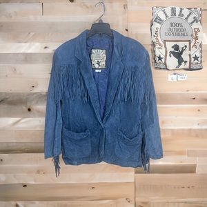 VTG WINLIT Blue Suede Leather Western Southwest Cowgirl Jacket Fringe Sz LG